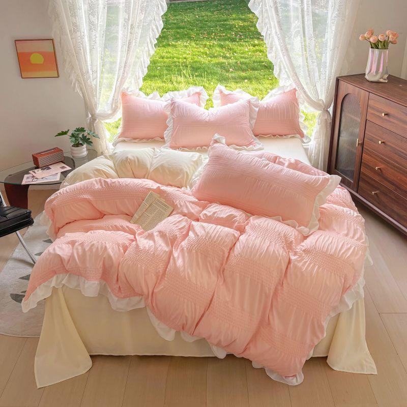 

Ins Princess Style Ruffled Trim Soft Bedding Sets 4pcs Quilt Set Girls Bed Sheets Sets For Home Queen King Size Duvet Cover Set 150x200 3pcs