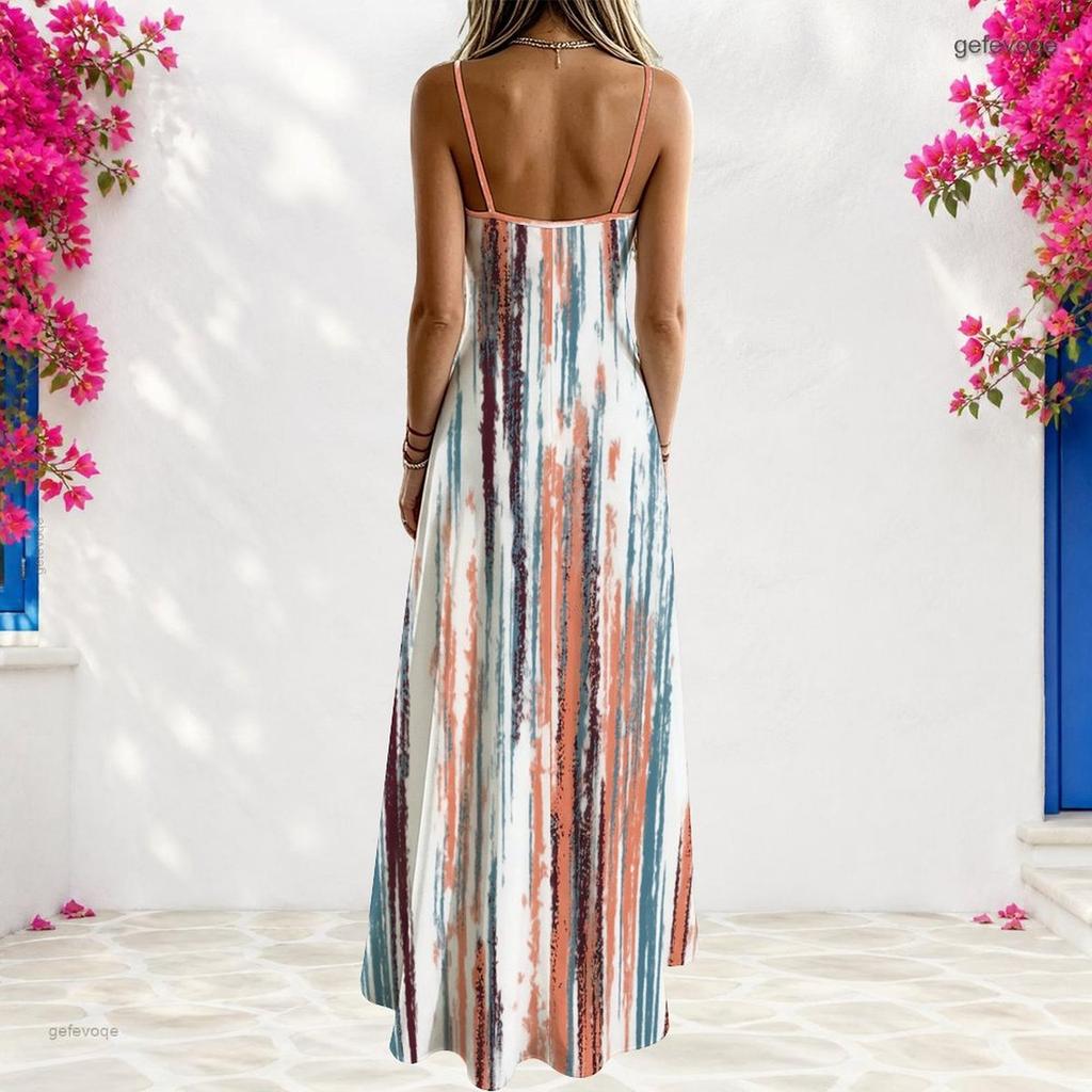 Women Plus Size Off Shoulder V Neck Strappy Sleeveless Printed A Line Maxi Dress