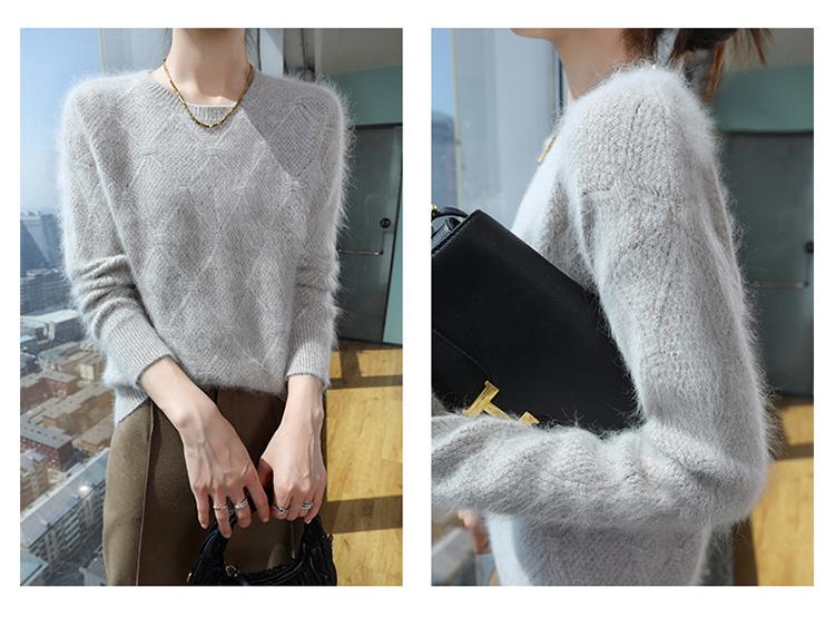 2025 Autumn/Winter Women's Loose Mink Cashmere Pullover - Round Neck, Solid Color, Diamond Knit