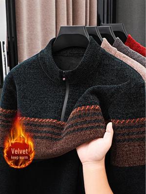 Men's Plush Thick Chenille Knit Sweater with Half-High Collar and Zipper