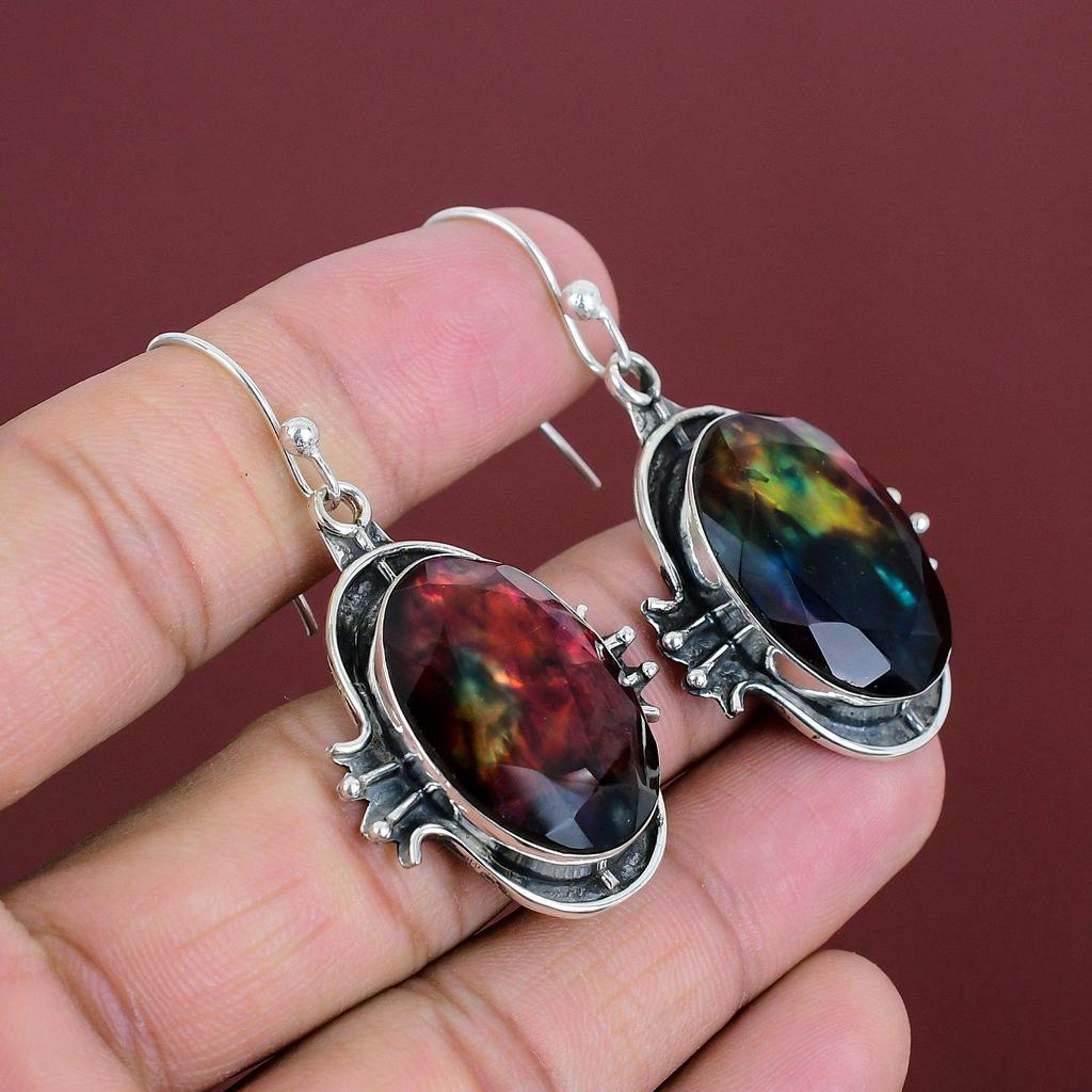 Faceted Ammolite Earring Natural Gemstone Earrings Handmade Dainty Jewelry 925 Sterling Silver Earring Ammolite Unique Jewelry Gifts For Her