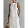 Vestido Largo Verde Sin Mangas con Escote Halter y Detalle Bordado para Mujer