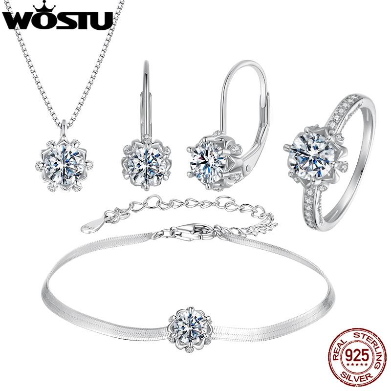 WOSTU Moissanite Wedding Jewelry 4 Set For Women 925 Sterling Silver Romantic Flower Enegagement Necklace Bracelet Earring Ring