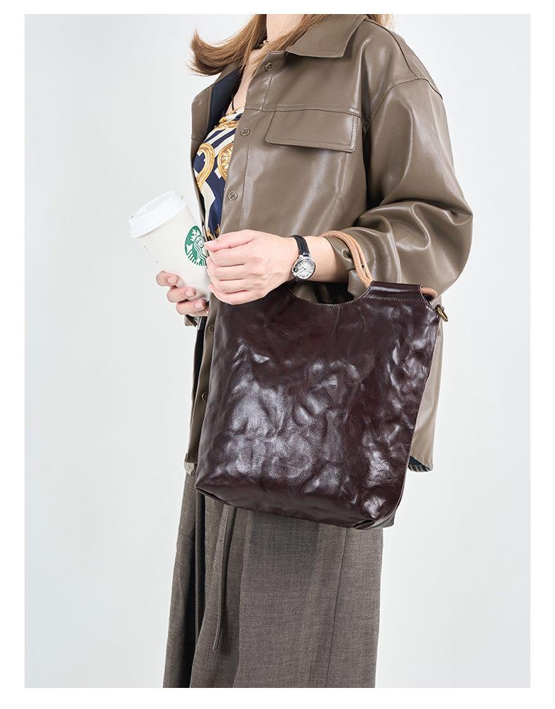 Cross-border leather whole tree paste hand scratching tannin real vegetable tanned cowhide tote bag handbag women's shoulder messenger bag bag