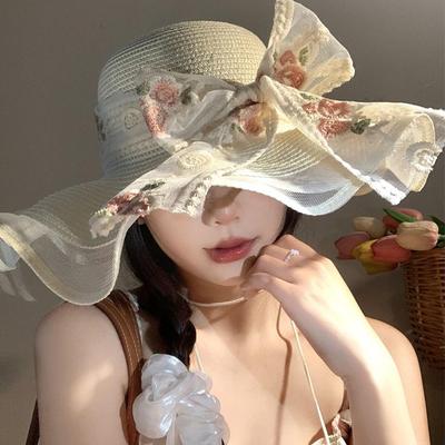 Spring Summer Lace Bow Straw Hat French Style Women's Sun Hat Ins Beach Straw Hat  Girls