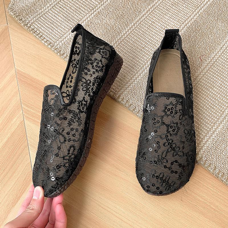 Fashion 2025 New Hollow Lace Flat Shoes Women Summer Slip On Loafers Breathable Shoes Ladies Shoes Casual Fashion Black Sneakers