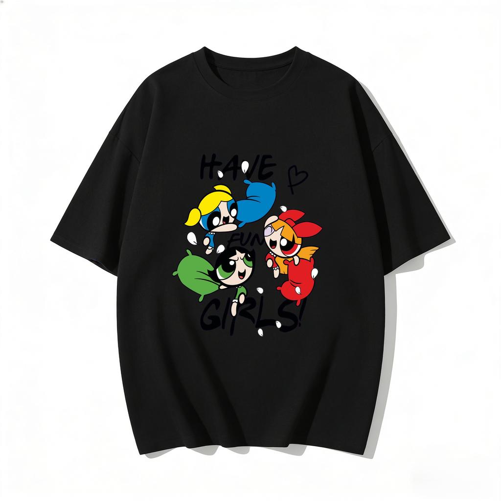 2026 Sommer Niedliche Powerpuff Girls Familien-Matching T-Shirts Cartoon-Druck Baumwoll-T-Shirts Lässige Kurzarm-Oberteile für Kinder und Erwachsene