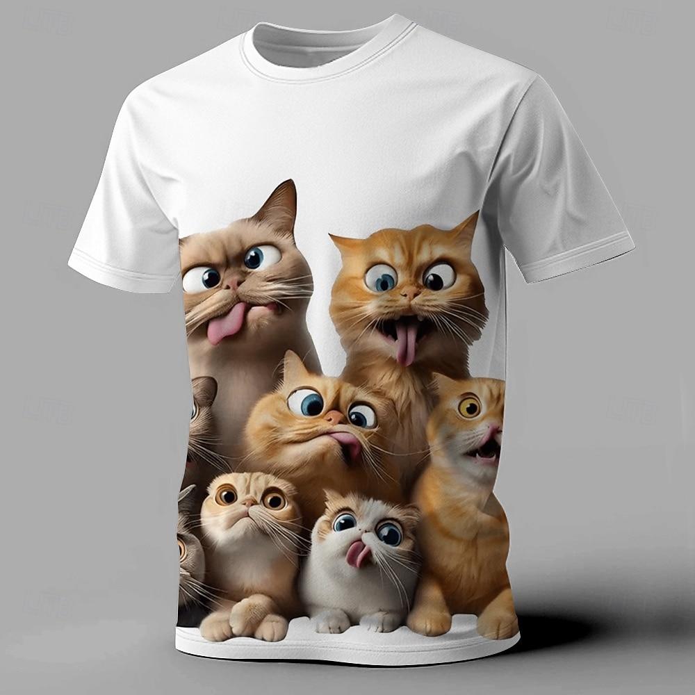 Men's White Eyed Cat Print T-Shirt Men's T-Shirt,3D Printing, O-neck ,Short Sleeve,Casual,Lightweight Top,sport Wear ,casual ,Large Size,Fashion