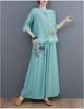 Stylish Summer Two-Piece Suit: Embroidered Cotton-Linen Top with Wide-Leg Pants for Middle-Aged Women