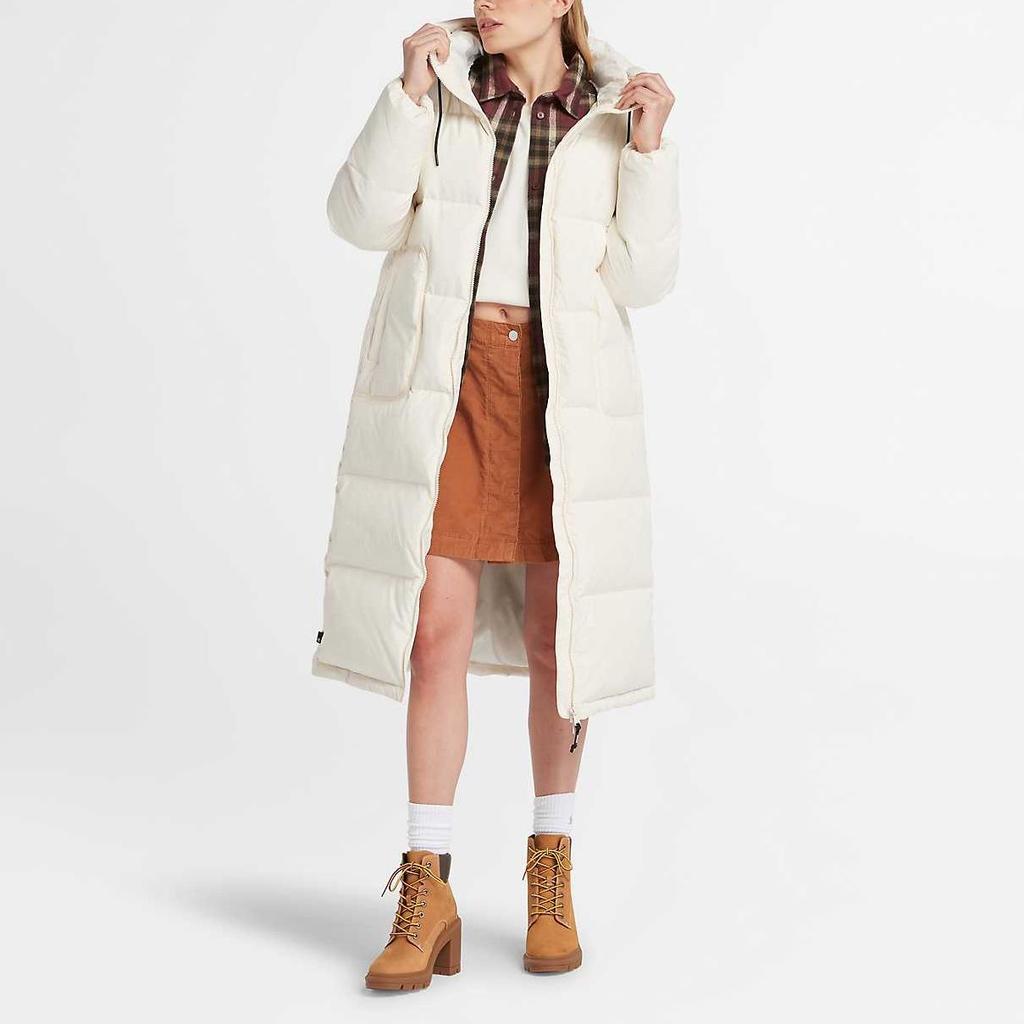 Timberland Recycled Down Long Puffer Jacket Solid Color Hooded Zipper Long Sleeve Coat Women Jacket White A6HG9-V04