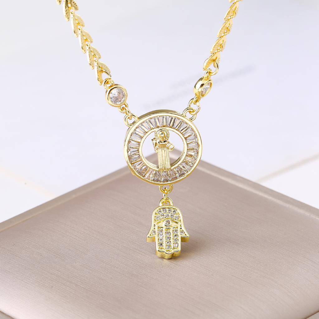 Our Lady of Guadalupe Hamsa Hand Stainless Steel Chain Necklace Gold Plated Zircon Religious Zircon for Women Charm Amulet Gift