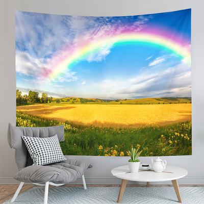 Rainbow After Rain Tapestry Golden Fields Tapestry Natural Landscape Tapestry Aesthetic Home Tapestries for Living Room Bedroom