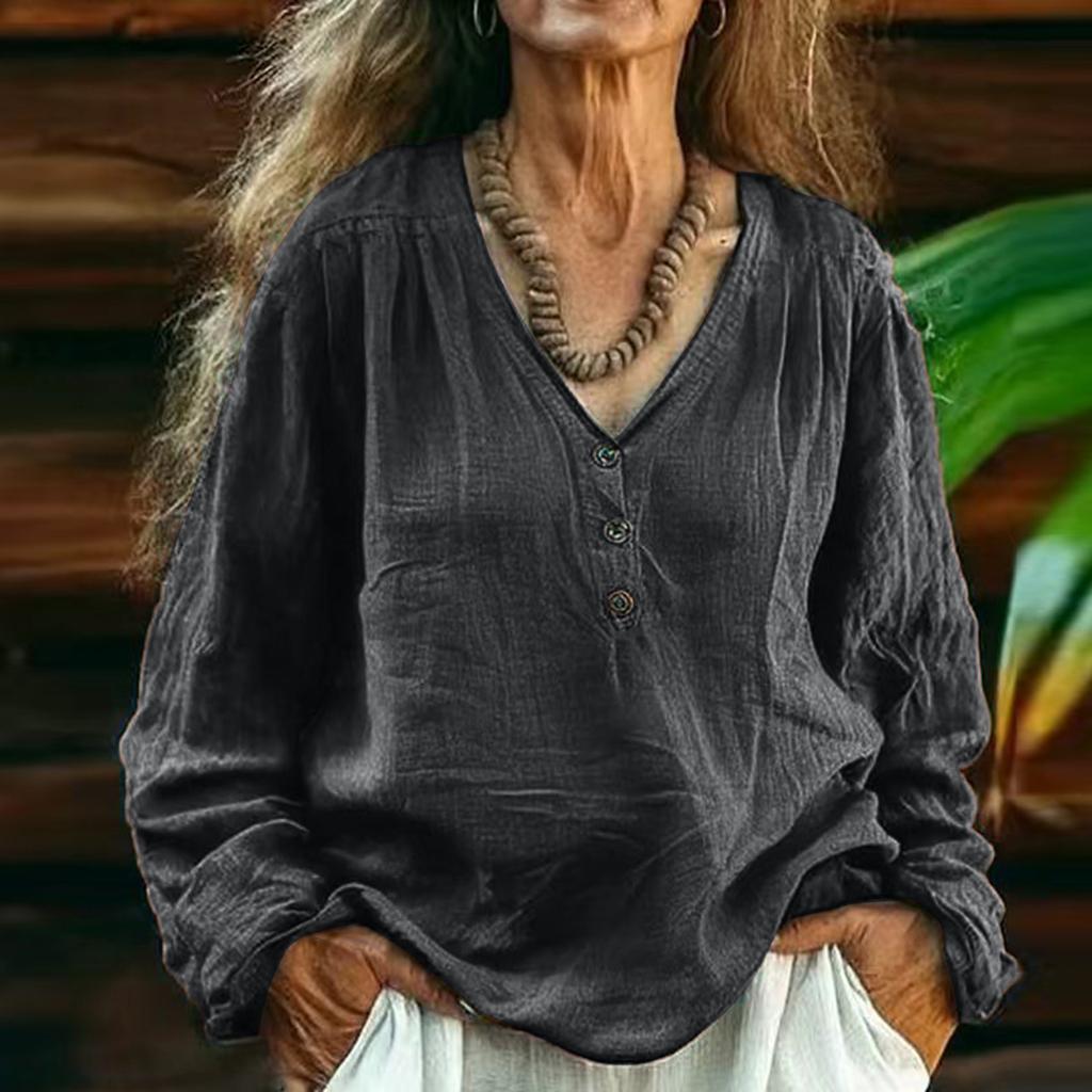 Damen Farbe Lässig V-Ausschnitt Langarm Pullover Baumwolle Leinen Oberteil