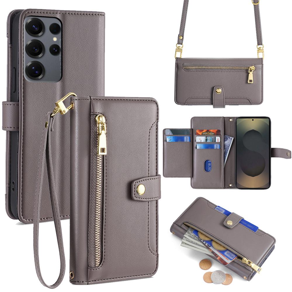 For Samsung Galaxy S25 Ultra Leather Case Zipper Pocket Wallet Phone Cover with 2 Straps