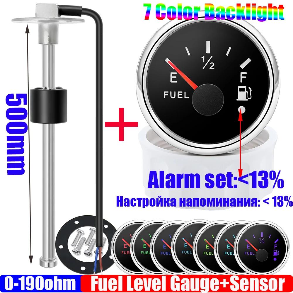 ZMFJH 2"52mm Fuel Level Gauge+Fuel Float Sensor 100-550mm 0-190 ohm Oil Tank Meter with Alarm 7 Color Light for Car Yacht 12V24V