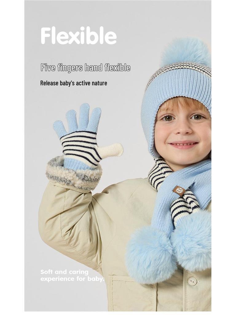 Kinder Pompon Ohrenklappenmütze, Schal & Handschuhe Set - Gestreckt gestrickt für Herbst- & Winterwärme