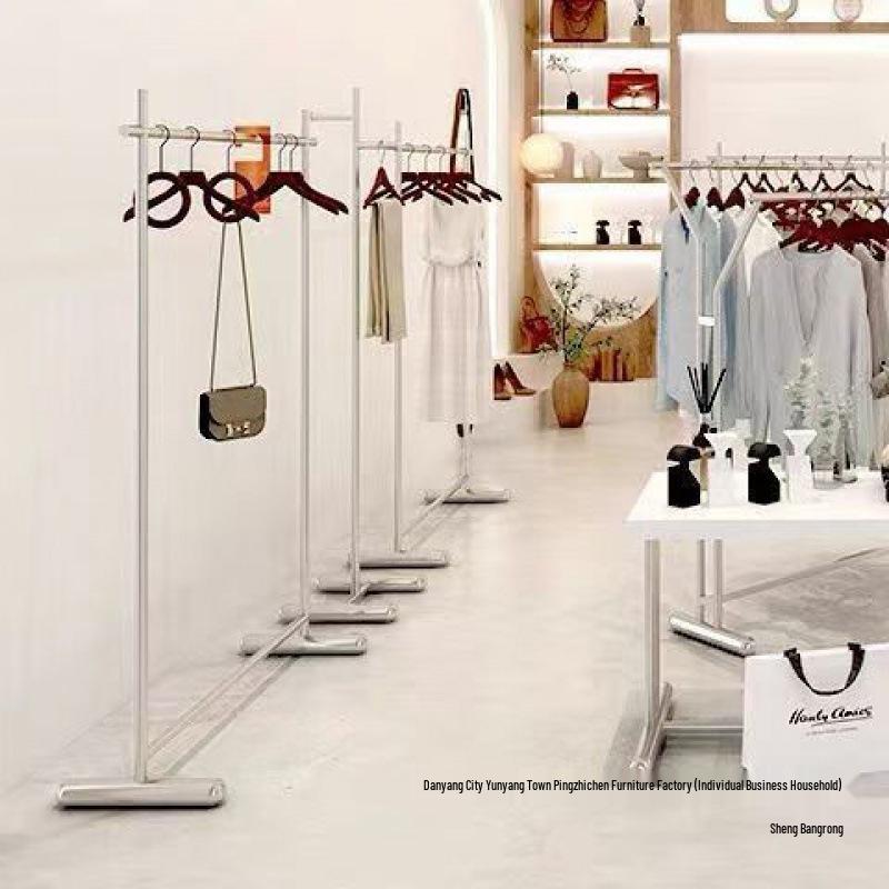 Clothing Store Display Rack: Stainless Steel Minimalist Floor-Standing Rack for Men's, Women's, and Children's Apparel.