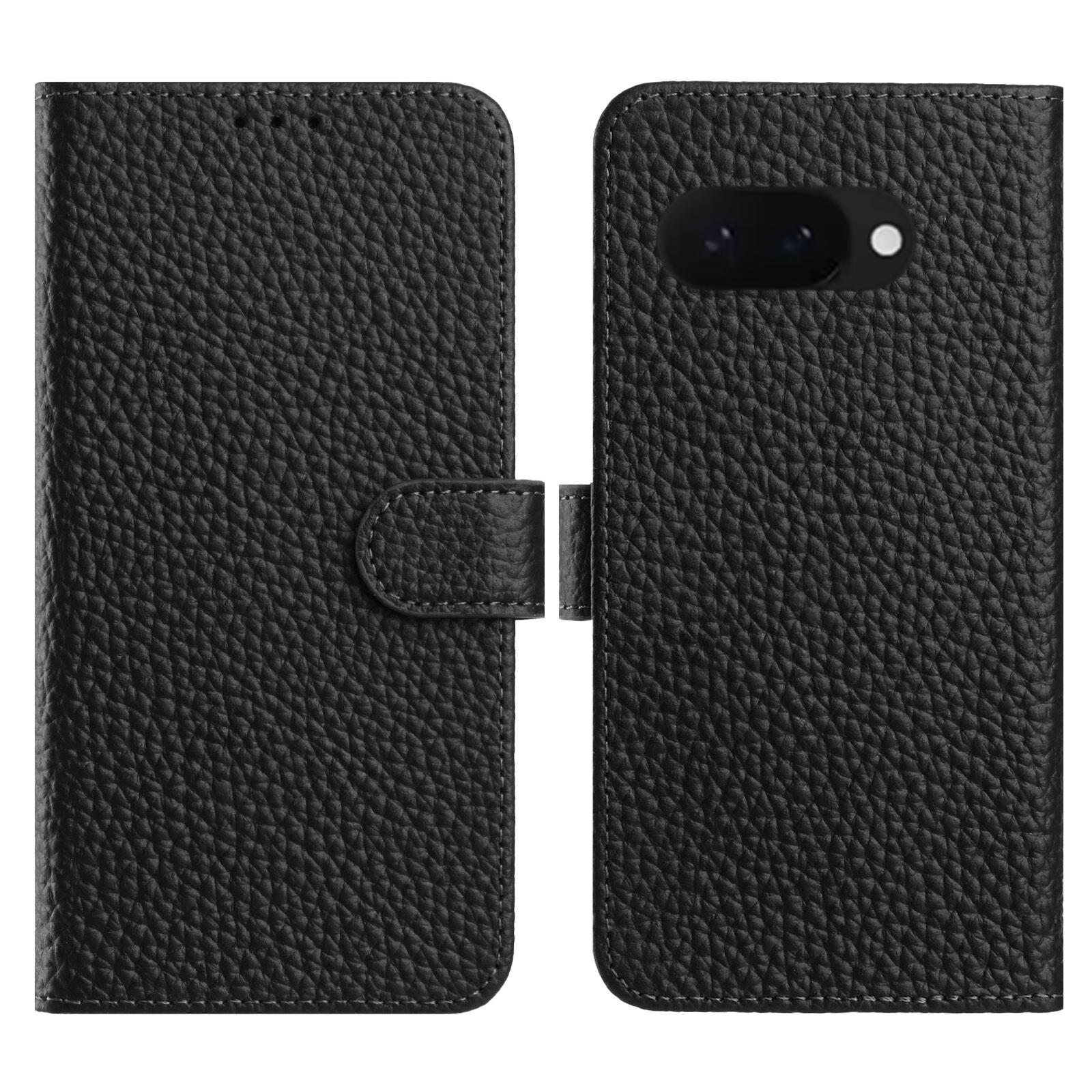

For Google Pixel 9a Case Wallet Stand Litchi Texture Genuine Cow Leather Flip Phone Cover Black