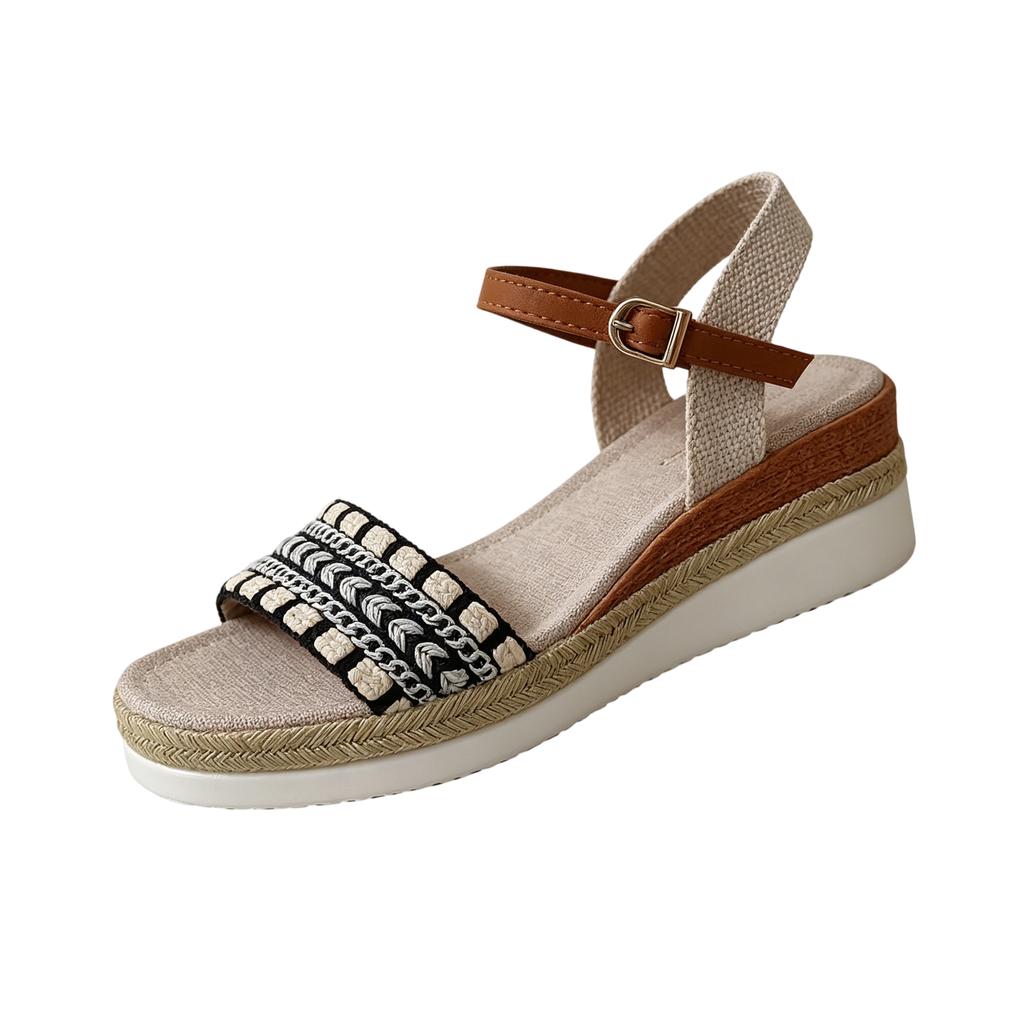 Sandali con zeppa intrecciati in iuta da donna Open toe Cinturino con fibbia Scarpe con plateau Calzature casual estive