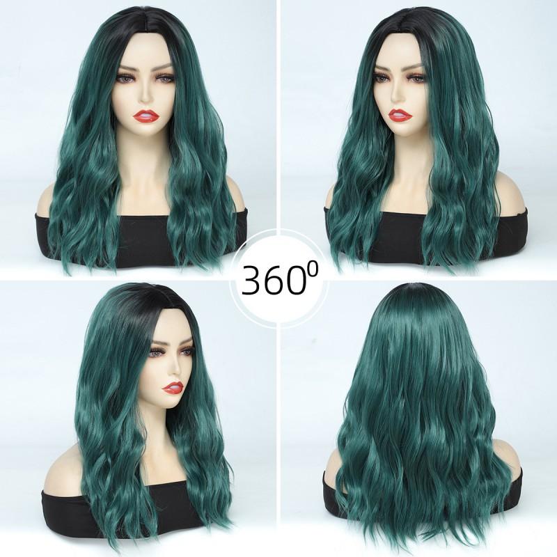 Womens Medium Part Long Wavy Wig Green Gradient Highlight Synthetic Full Fashionable Heat Resistant Any Face Shape