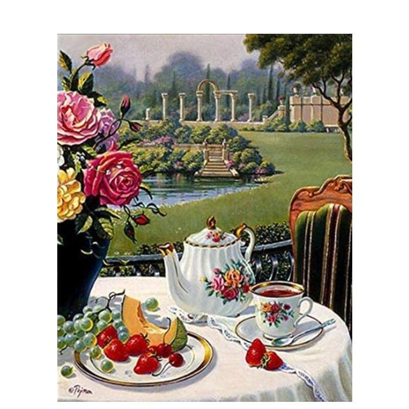 5D Diy Diamond Painting Coffee Dessert Full Round Diamond Art Embroidery Mosaic Still Life Home Decoration 40x50cm