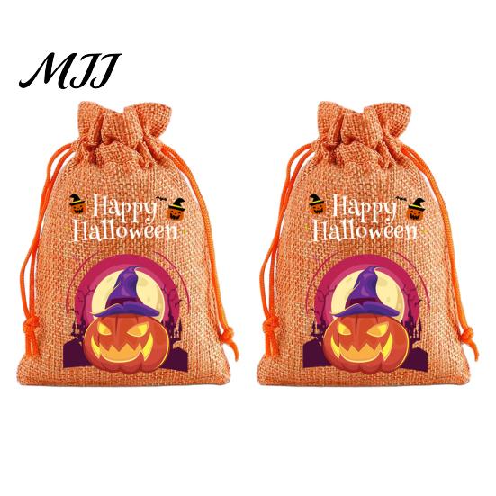 Small Storage for Candies 2Pcs Halloween Pumpkin Drawstring Bags Candy Treats, Retro Burlap Pattern Party Favors Trick or Treat Bags, Portable Goodie