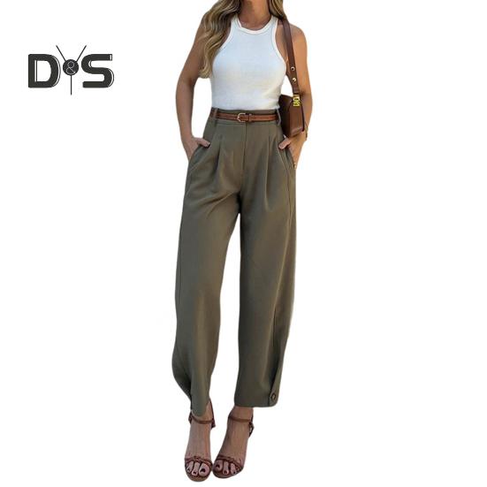 Dámský oblek Kalhoty Vysoký pas Knoflíky Zip Fly Volný Jednobarevné Kalhoty s kapsami Styl dojíždění Dlouhé kalhoty