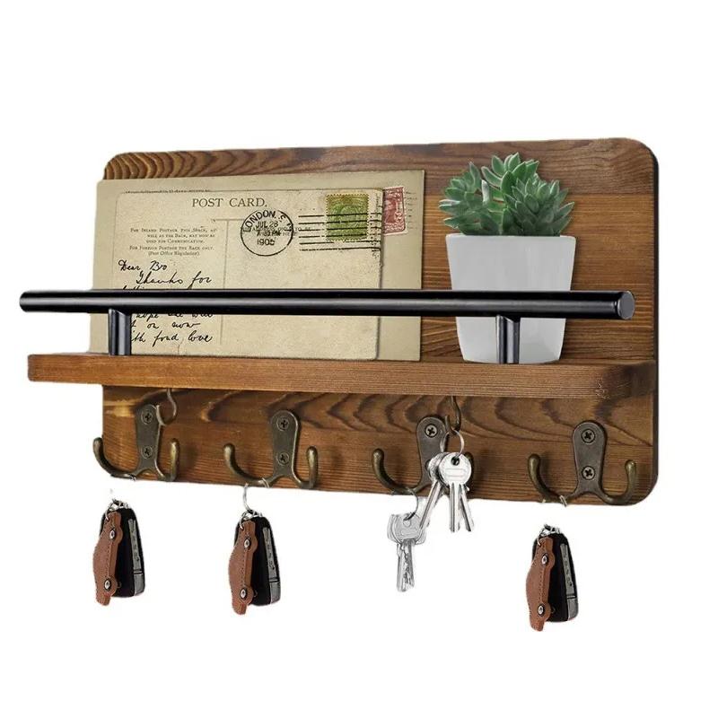 Suport de chei din lemn retro pentru agățat pe perete cu 5 cârlige Raft organizator multifuncțional Decor pentru casă Pentru hol Intrare