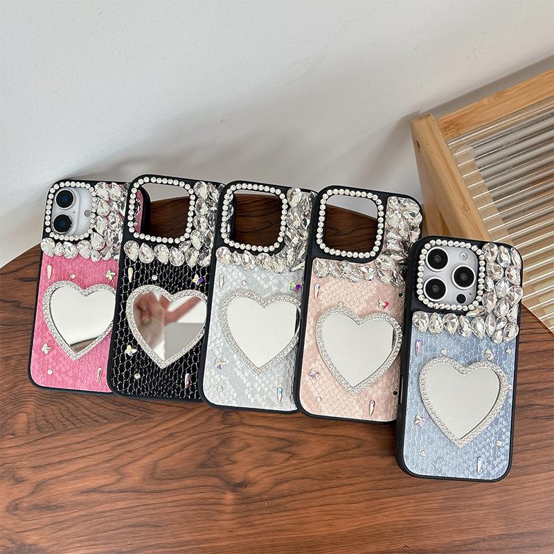 Rhinestone Love Mirror Mobile Phone Case for IPhone17promax Leather for Apple 16 Women's Model 15 Personality