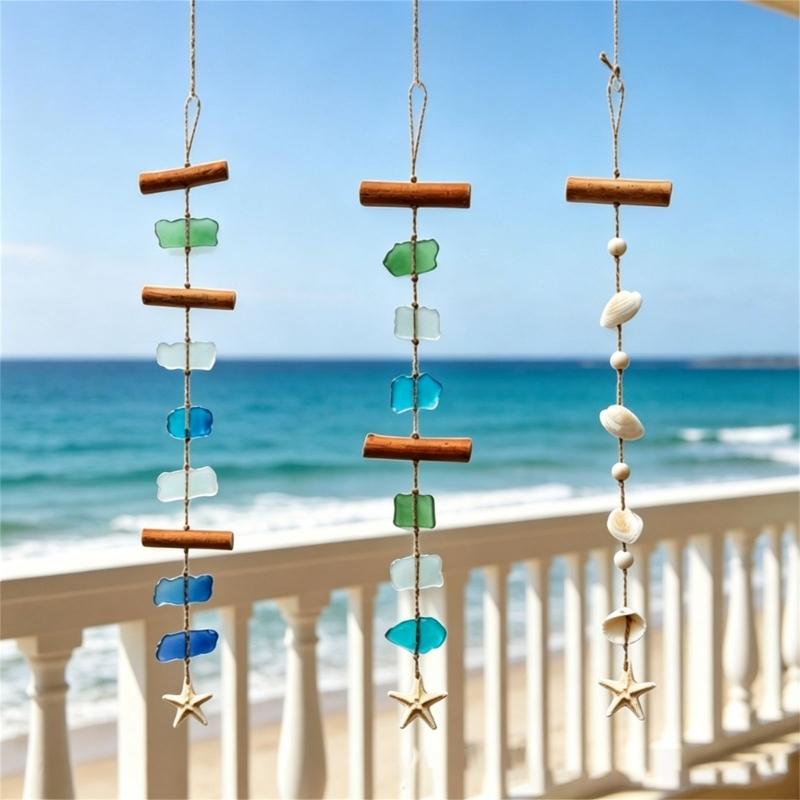 Farmhouses Beach Theme Wind Chimes With Sea Glass Shell And Wooden Accent Coastal Wall Art Hanging Pendants Decors