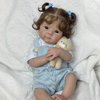 BZDOLL Poupée Bébé Reborn de 19 Pouces 48 CM Jouet Pour Enfants Membres en Vinyle et Corps en Tissu Fait Main Collection Poupées Cheveux Bruns Bouclés Mode Cadeau d'Anniversaire