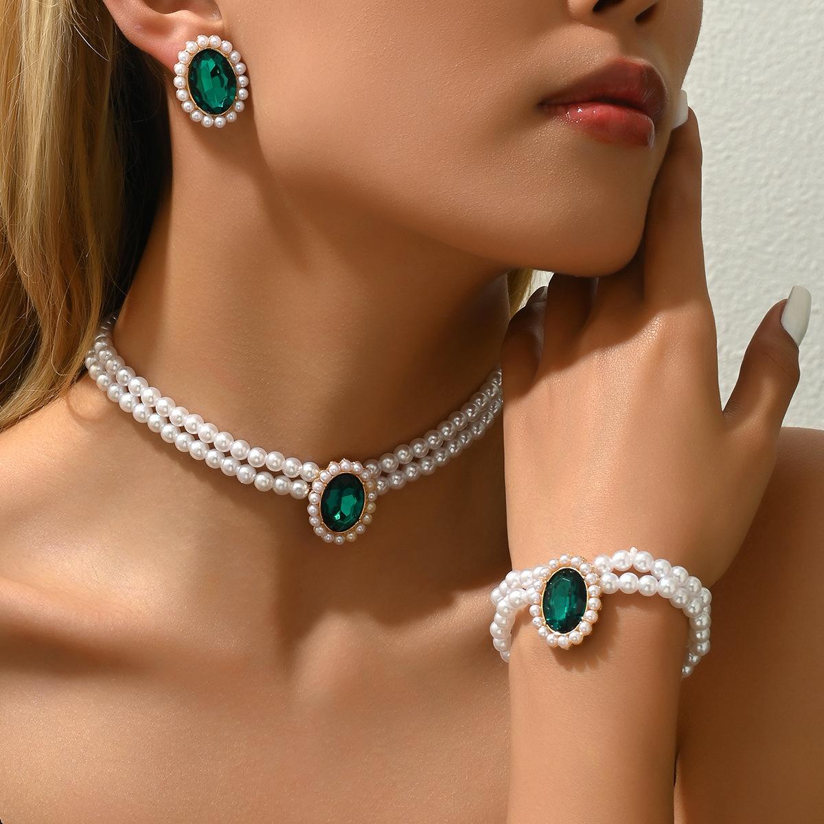 

Модный браслет, серьги, ожерелье, комплект, женская цепочка с зеленым бриллиантом и жемчугом на ключицу