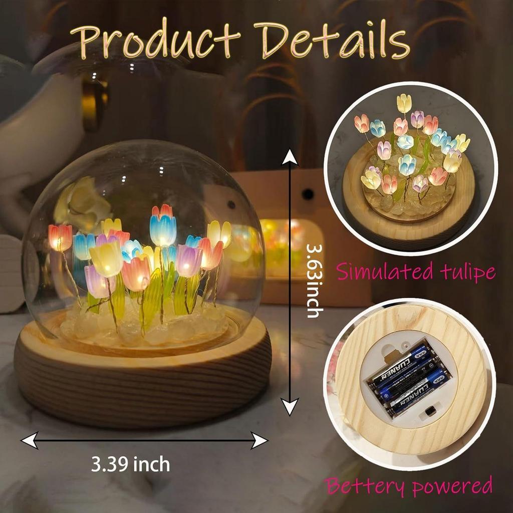 Tulip LED Night Light – Decorative Glass Table Lamp with 10 Artificial Flowers, Soft Glow for Bedroom, Living Room, Birthday & Gifts (Multi-Color)