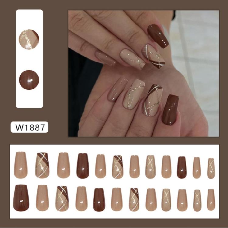 24 Pcs Grid Stick On Nail Glossy False Nail Ballerinas Press On Nail Glittering Artificial Acrylic Nail