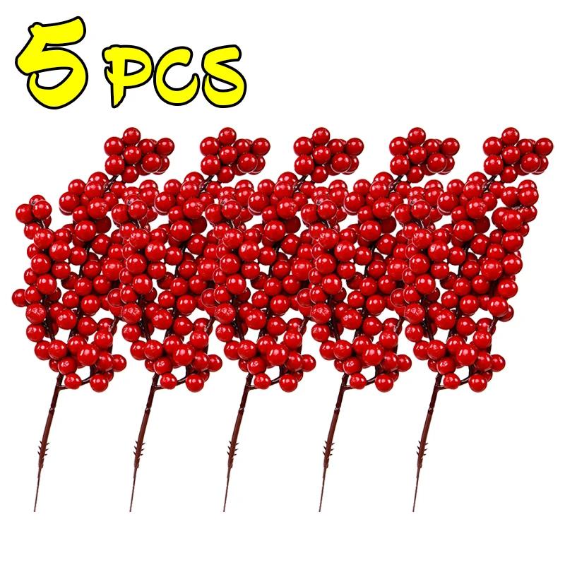 50/1PCS Christmas Red Berry Branches Artificial Holly Berries Stamen Fake Flowers Plants Ornaments for New Year Party Home Decor
