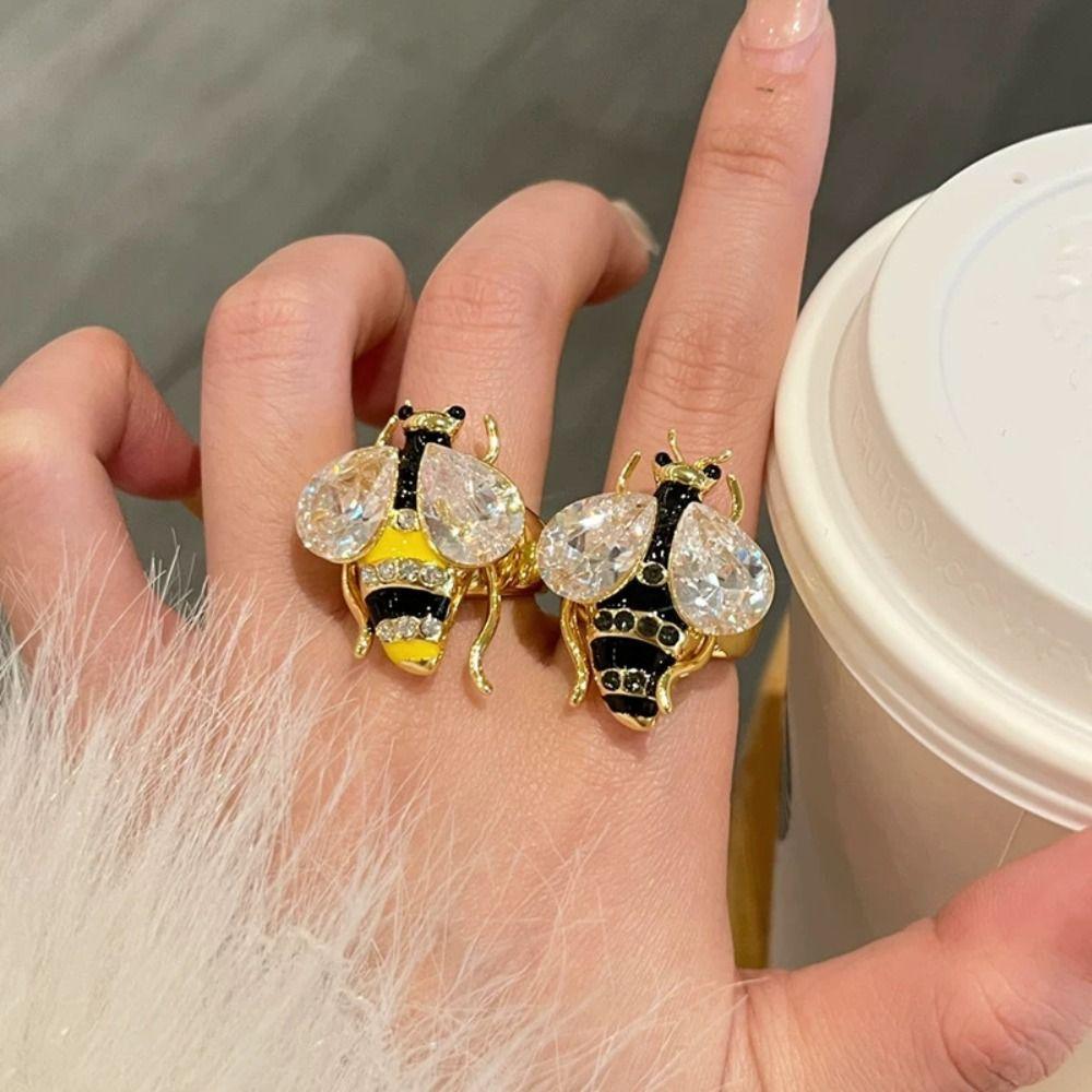 Punk Rhinestone Bee Ring Enamel Design Colorful Bee Ring Trendy Vintage Bee Ring  Casual Wear