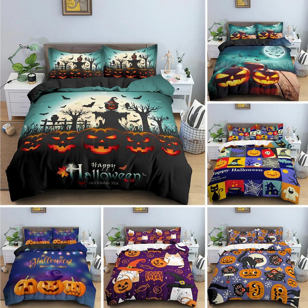 Happy Halloween King Queen Duvet Cover Orange Pumpkin Bedding Set Kids Teens Adults Bats Horror Festival Polyester Quilt Cover