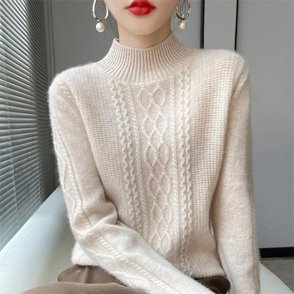 Women's Sweater Autumn Winter Outside Wear Pullovers Half High Collar Knitwear Fashion Long Sleeve Pull Femme  Tops