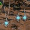 GemChic Women's New Vintage Ethnic Turquoise Geometric Carve Flower Pendant Necklace Earrings Two Piece Set Fashion Birthday Christmas Jewelry Gift