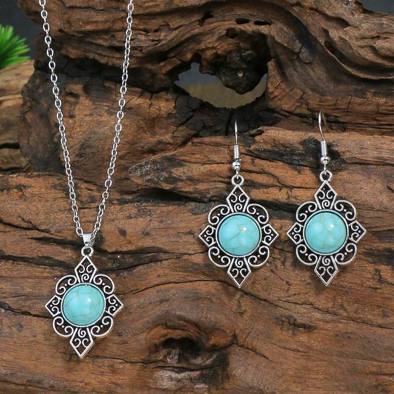 GemChic Women's New Vintage Ethnic Turquoise Geometric Carve Flower Pendant Necklace Earrings Two Piece Set Fashion Birthday Christmas Jewelry Gift
