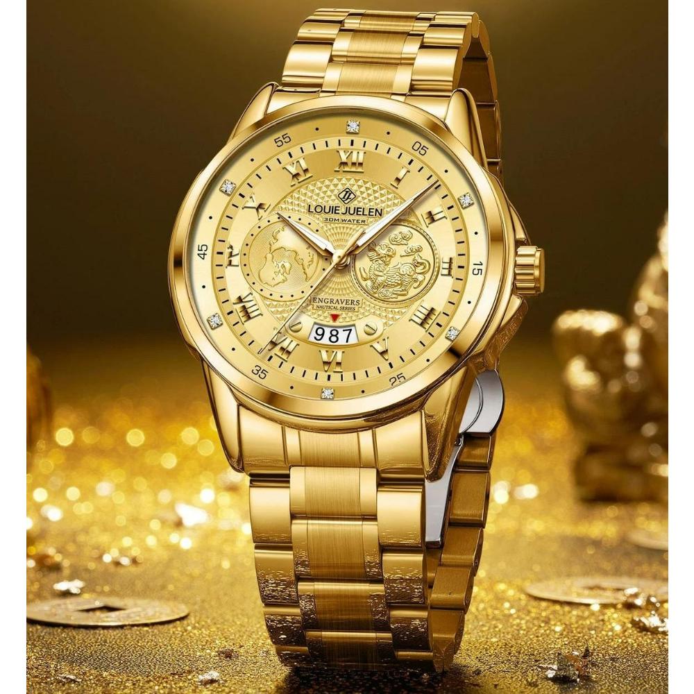Luxury Gold Engraved Watch for Men Stainless Steel Waterproof Business Quartz Wristwatch with Date, Ideal Gift for Father's Day & Anniversaries