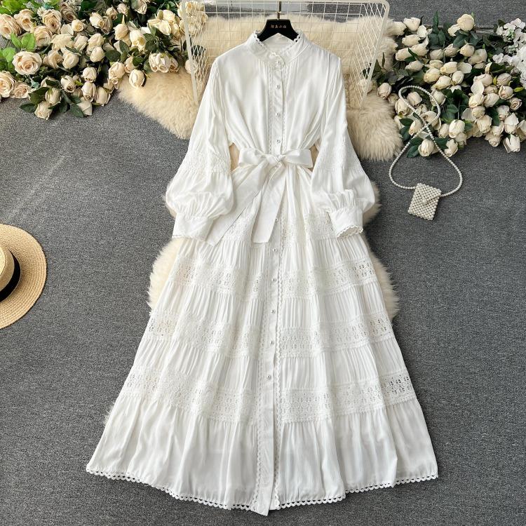 Luxury Party Dress for Women Long Lace Hollow Out Bandage Runway Patchwork Solid Lantern Sleeve Single Breasted Stand Dress