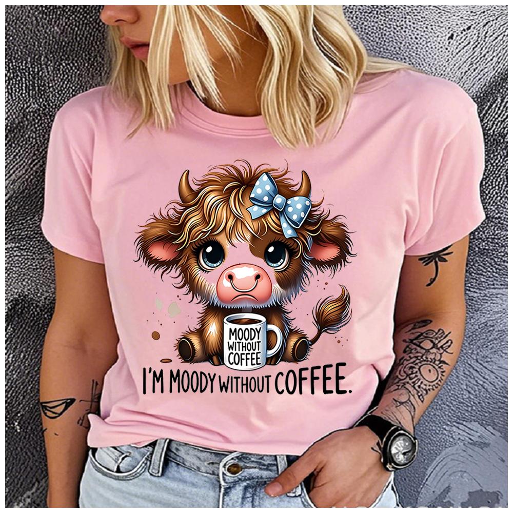 Women's Polyester 100% yak drinking tea Print T-shirt Loose round Neck Casual Short Sleeve Fashion Top Clothing Summer