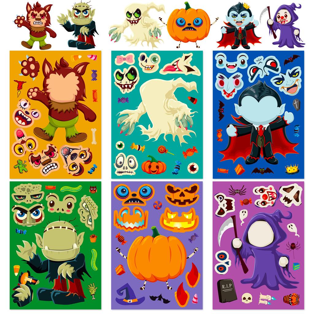 6 Photos/package Halloween Face Change Stickers Holiday Character Puzzle Stickers Children's Fun Halloween Stickers