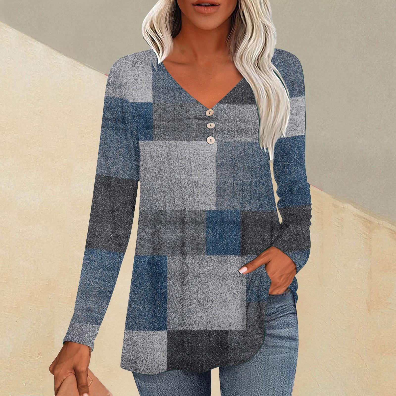 

Модные топы, повседневная плиссированная футболка с V-образным вырезом и клетчатым принтом, длинный рукав XL