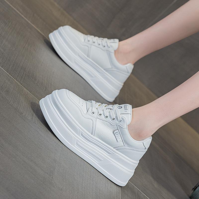 Women's Thick-Soled Height-Boosting White Leather Sneakers - Lightweight, Versatile, and Comfortable Platform Casual Shoes.