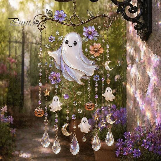 Whimsical Bat And Black Cat Decor Halloween Acrylic Wind Chime Pendant, Crystal Suncatcher Hanging Ornaments, Decorative Chimes Outdoor Window
