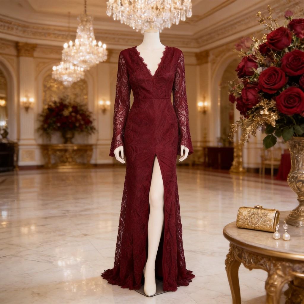 Lace Wedding Dress For Bridesmaids With Long Sleeves Vneck Fit For Autumn