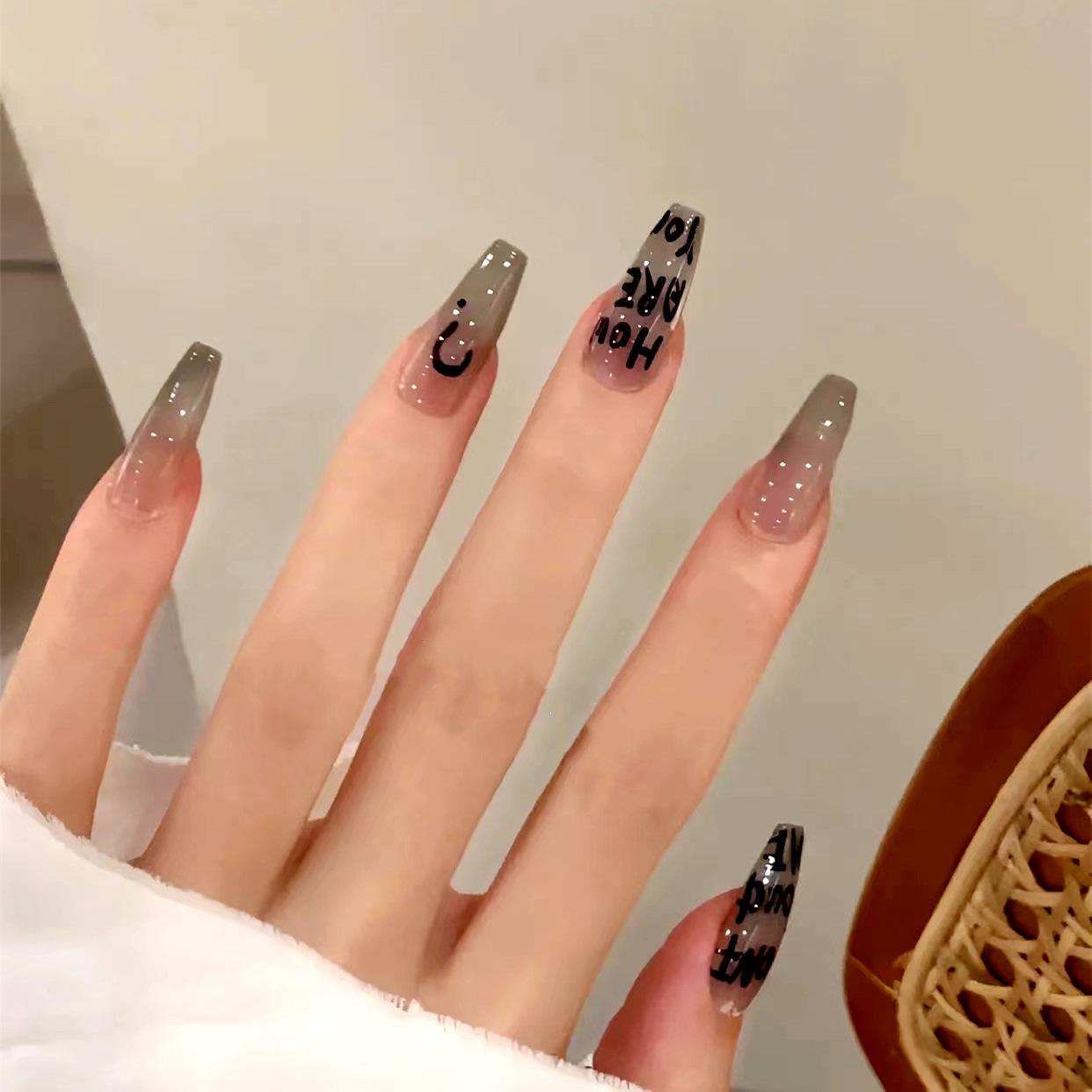 

C427 European & American Style T-Shaped Removable Nail Tips - Dark Letter Design False Nails