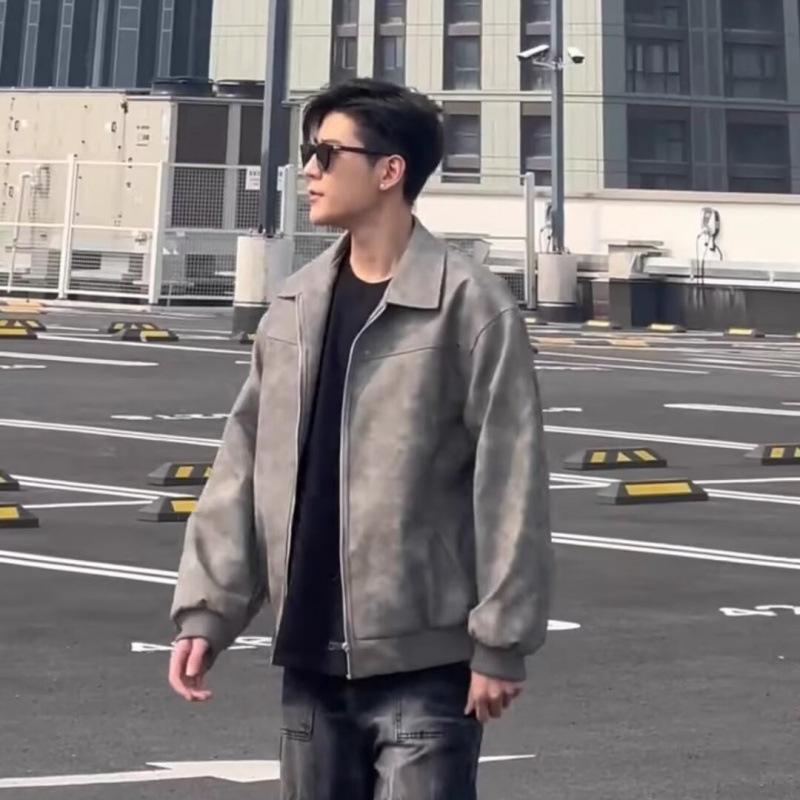 Spring new Maillard retro old brown suede jacket locomotive jacket trendy men's and women's high-end short coat